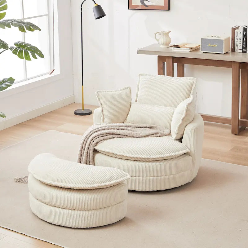 Sillón giratorio tapizado color beige 52 con otomana de almacenamiento Moon