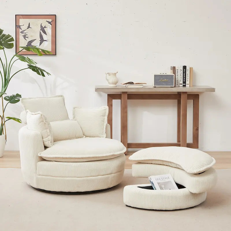 Sillón giratorio tapizado color beige 52 con otomana de almacenamiento Moon