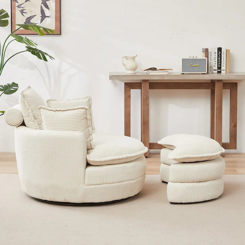 Sillón giratorio tapizado color beige 52 con otomana de almacenamiento Moon