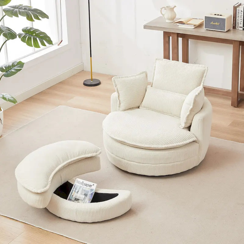 Sillón giratorio tapizado color beige 52 con otomana de almacenamiento Moon