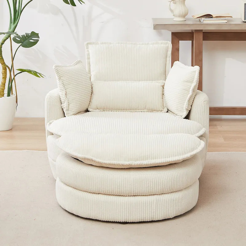 Sillón giratorio tapizado color beige 52 con otomana de almacenamiento Moon