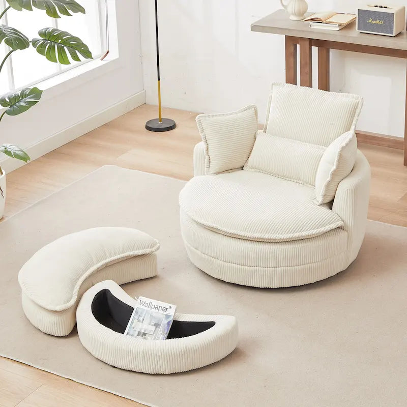 Sillón giratorio tapizado color beige 52 con otomana de almacenamiento Moon