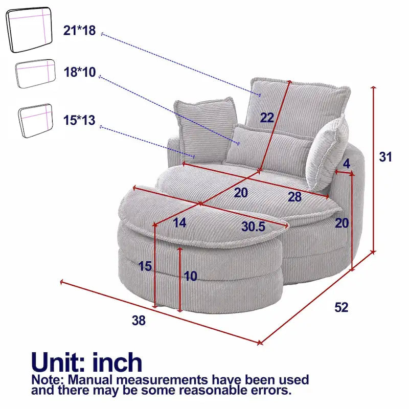 Sillón giratorio tapizado color beige 52 con otomana de almacenamiento Moon