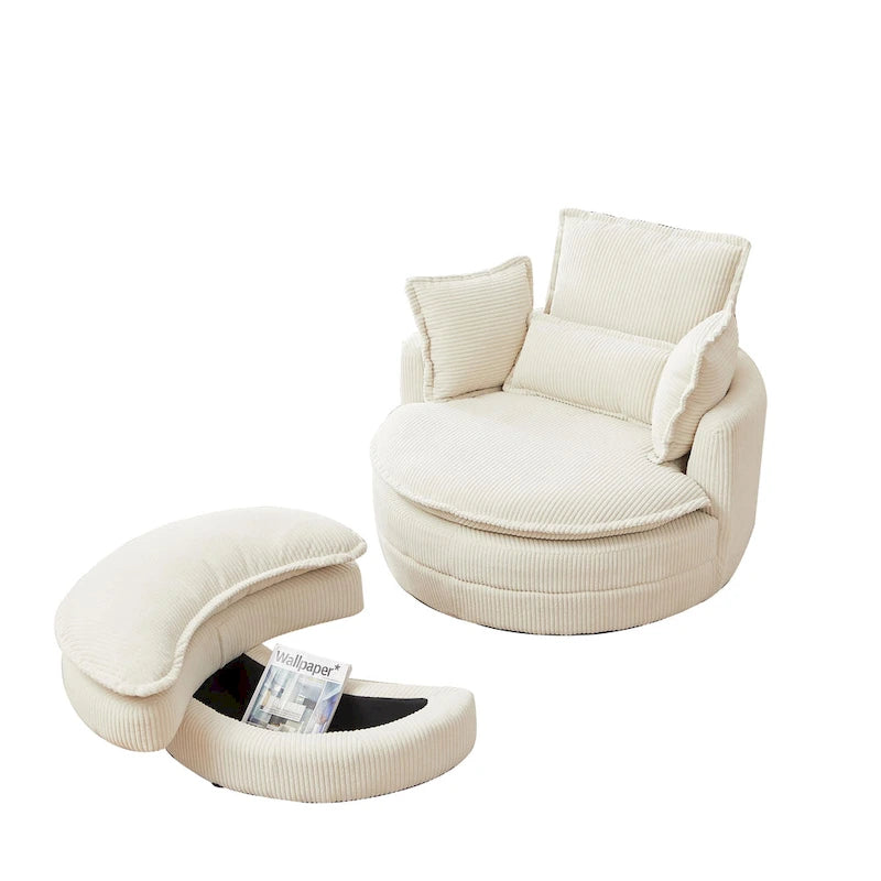 Sillón giratorio tapizado color beige 52 con otomana de almacenamiento Moon