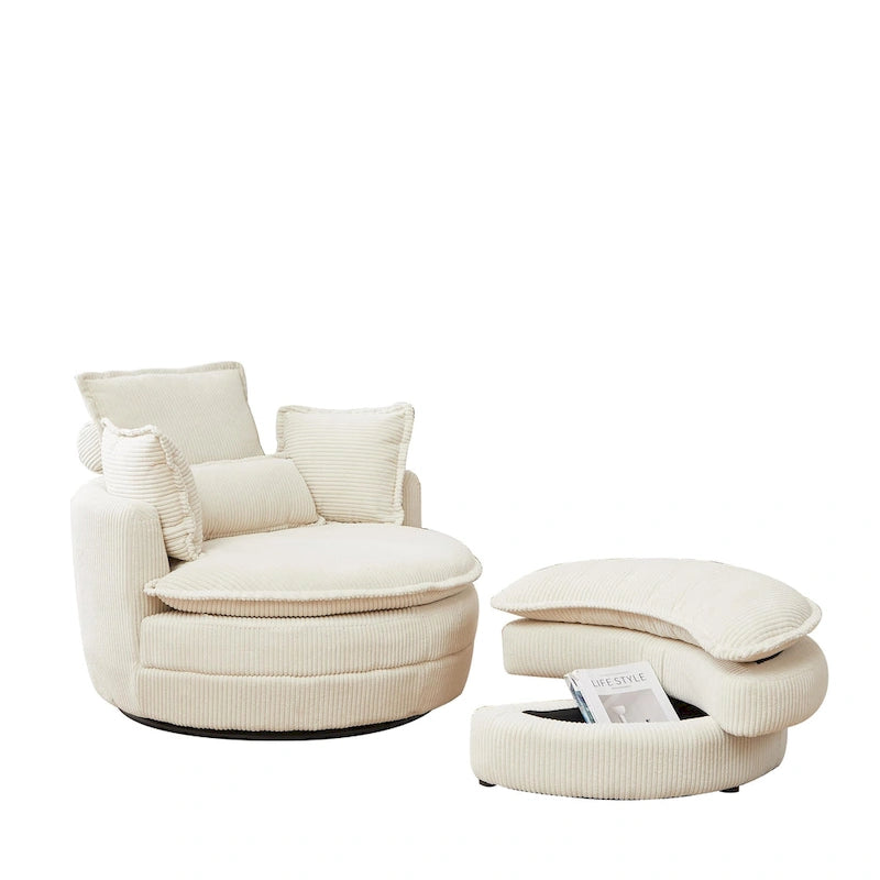 Sillón giratorio tapizado color beige 52 con otomana de almacenamiento Moon