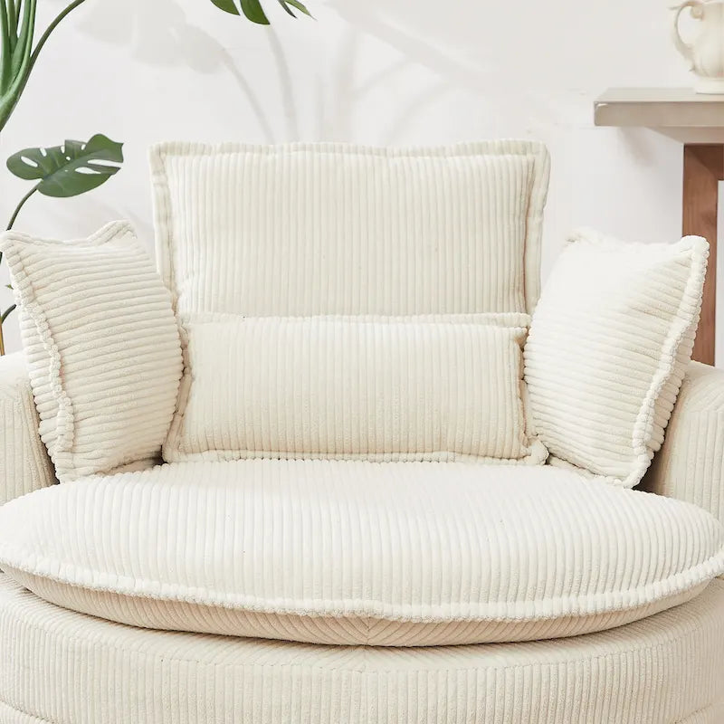 Sillón giratorio tapizado color beige 52 con otomana de almacenamiento Moon