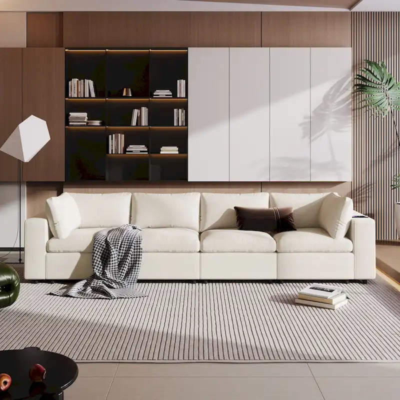 Sofá modular seccional de chenilla beige con USB, Bluetooth y almacenamiento