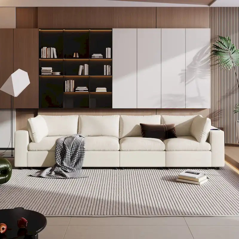 Beige Chenille Modular Sectional Sofa with USB, Bluetooth & Storage