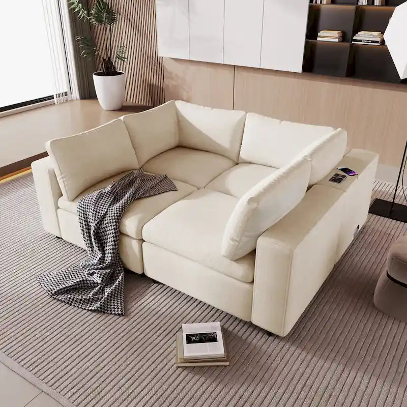 Sofá modular seccional de chenilla beige con USB, Bluetooth y almacenamiento