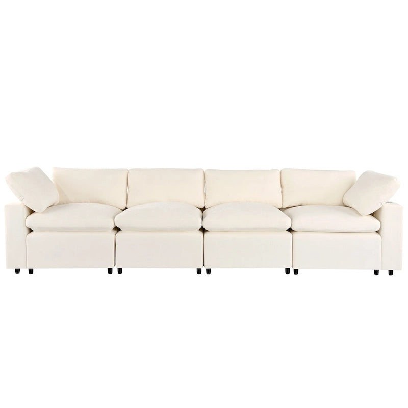 Sofá modular seccional de chenilla beige con USB, Bluetooth y almacenamiento