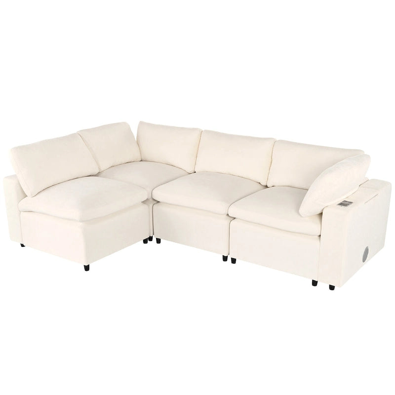 Sofá modular seccional de chenilla beige con USB, Bluetooth y almacenamiento