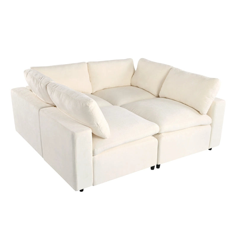 Sofá modular seccional de chenilla beige con USB, Bluetooth y almacenamiento
