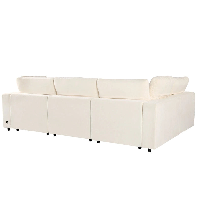 Sofá modular seccional de chenilla beige con USB, Bluetooth y almacenamiento