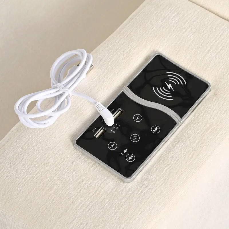 Sofá modular seccional de chenilla beige con USB, Bluetooth y almacenamiento
