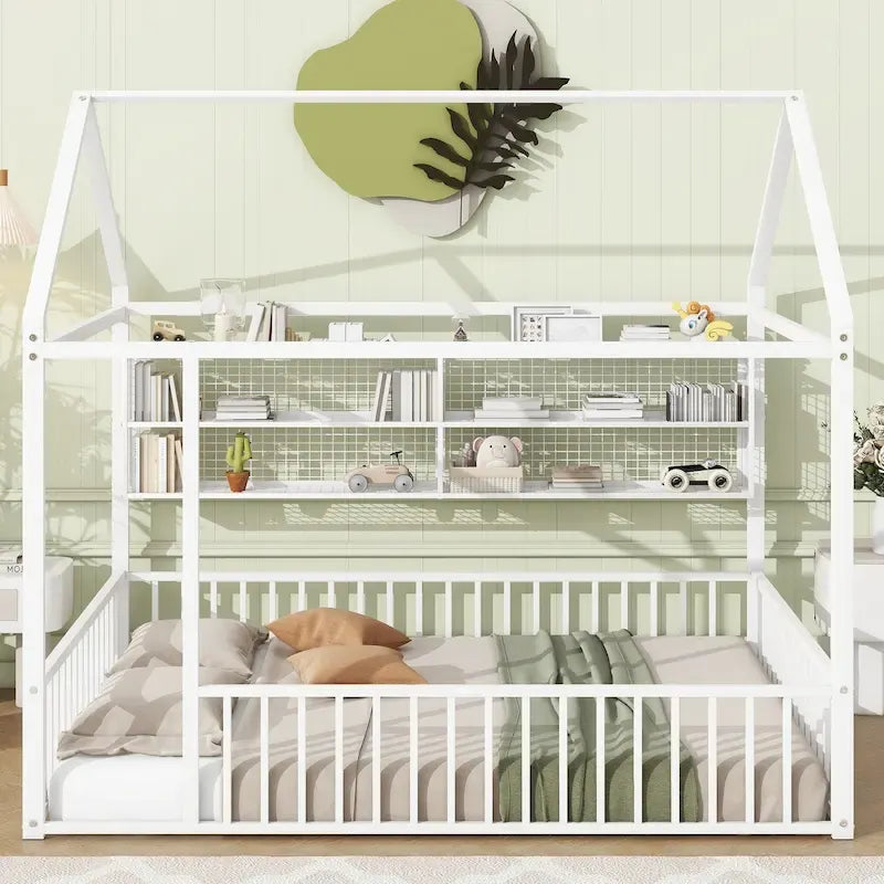 Cama de metal matrimonial tipo casa Cama Montessori de piso con valla