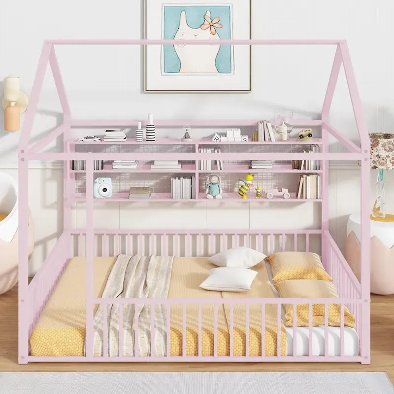 Cama de metal matrimonial tipo casa Cama Montessori de piso con valla