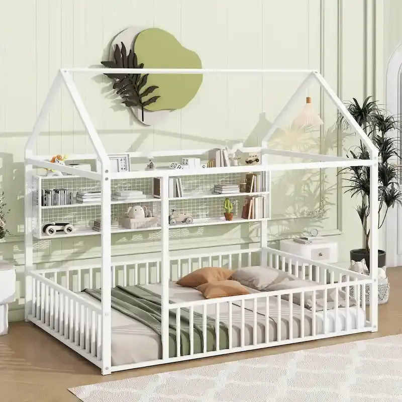 Cama de metal matrimonial tipo casa Cama Montessori de piso con valla