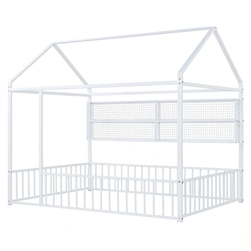 Cama de metal matrimonial tipo casa Cama Montessori de piso con valla