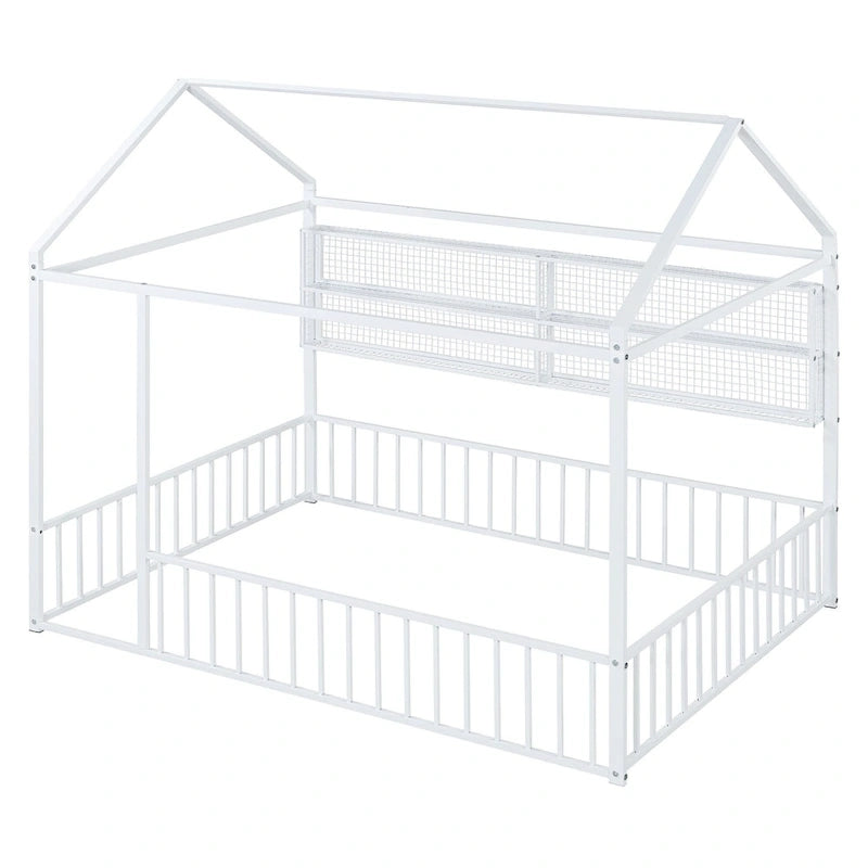 Cama de metal matrimonial tipo casa Cama Montessori de piso con valla