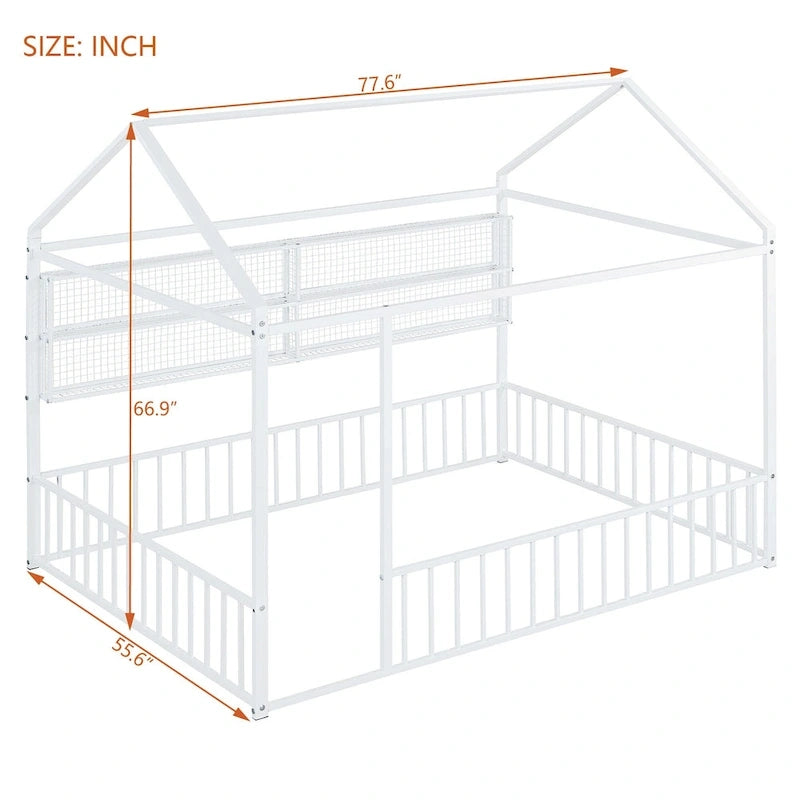 Cama de metal matrimonial tipo casa Cama Montessori de piso con valla