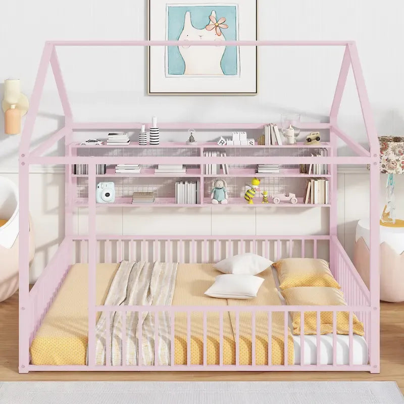 Cama de metal matrimonial tipo casa Cama Montessori de piso con valla