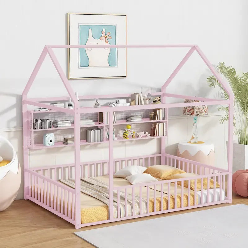 Cama de metal matrimonial tipo casa Cama Montessori de piso con valla