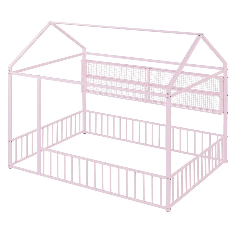 Cama de metal matrimonial tipo casa Cama Montessori de piso con valla