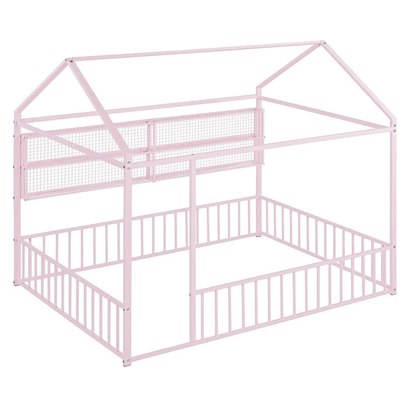 Cama de metal matrimonial tipo casa Cama Montessori de piso con valla