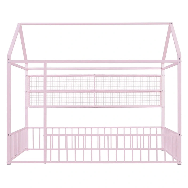 Cama de metal matrimonial tipo casa Cama Montessori de piso con valla