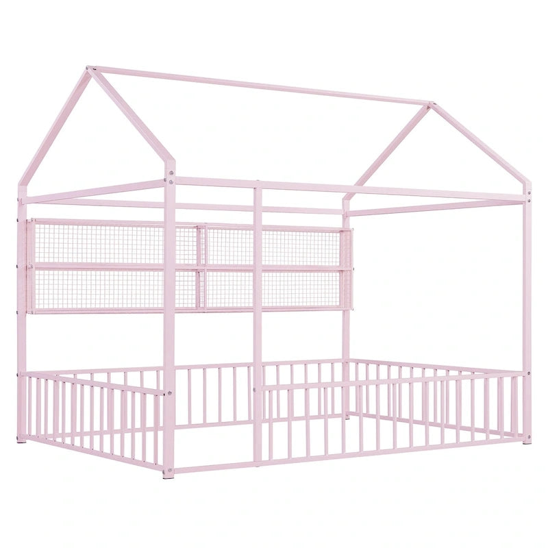 Cama de metal matrimonial tipo casa Cama Montessori de piso con valla