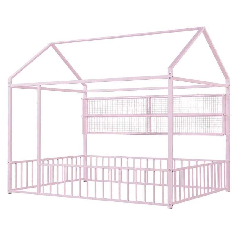 Cama de metal matrimonial tipo casa Cama Montessori de piso con valla