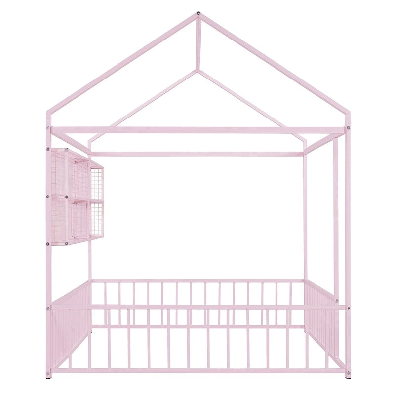Cama de metal matrimonial tipo casa Cama Montessori de piso con valla