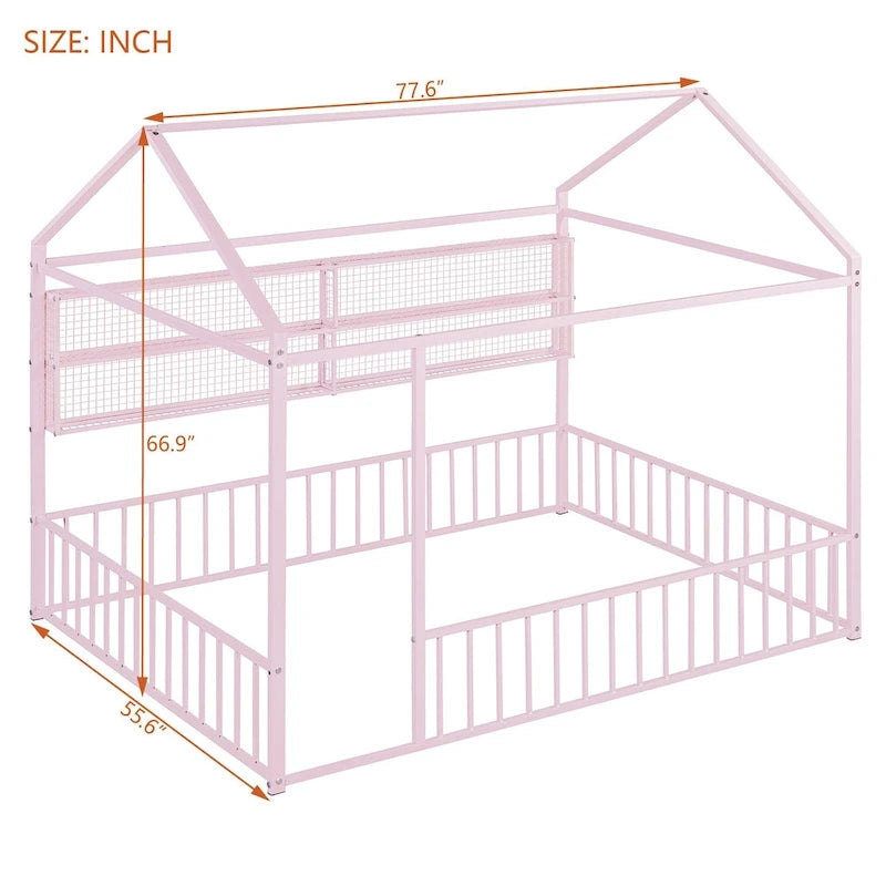 Cama de metal matrimonial tipo casa Cama Montessori de piso con valla