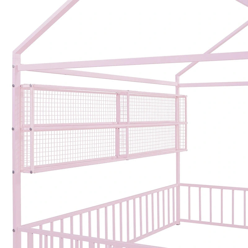 Cama de metal matrimonial tipo casa Cama Montessori de piso con valla