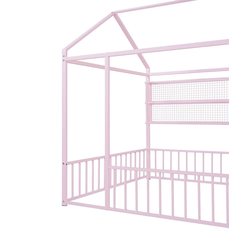Cama de metal matrimonial tipo casa Cama Montessori de piso con valla