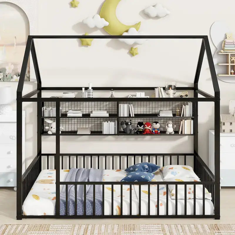 Cama de metal matrimonial tipo casa Cama Montessori de piso con valla