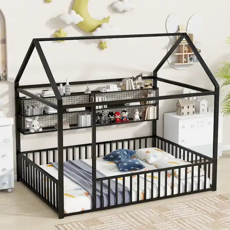 Cama de metal matrimonial tipo casa Cama Montessori de piso con valla