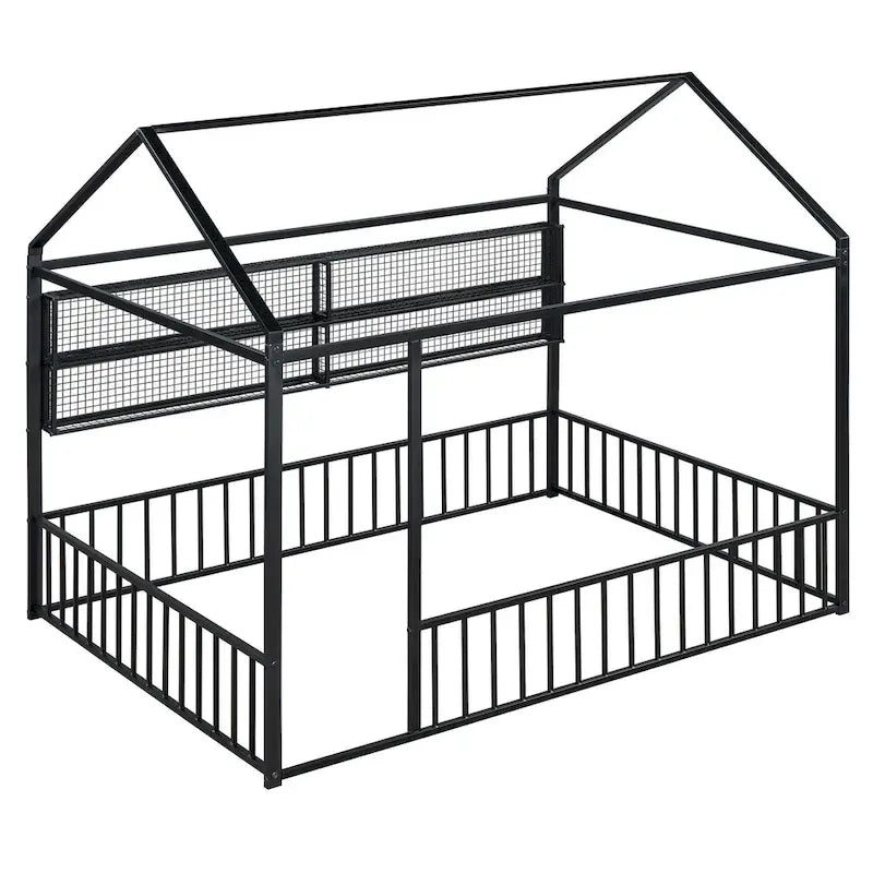 Cama de metal matrimonial tipo casa Cama Montessori de piso con valla