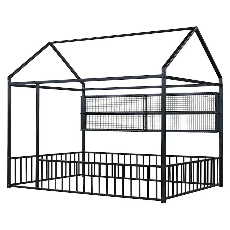 Cama de metal matrimonial tipo casa Cama Montessori de piso con valla