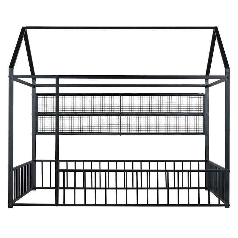 Cama de metal matrimonial tipo casa Cama Montessori de piso con valla
