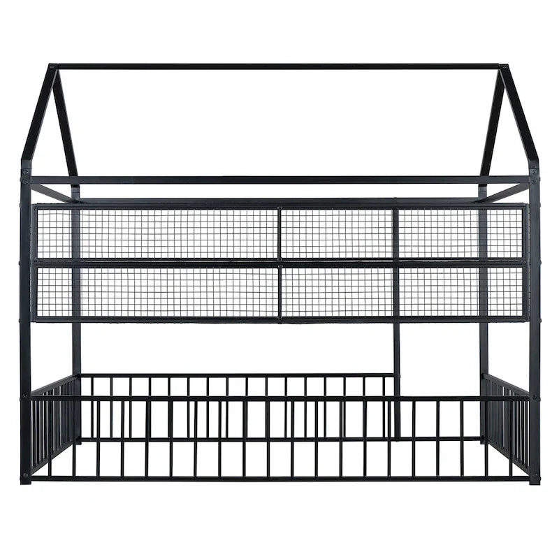 Cama de metal matrimonial tipo casa Cama Montessori de piso con valla