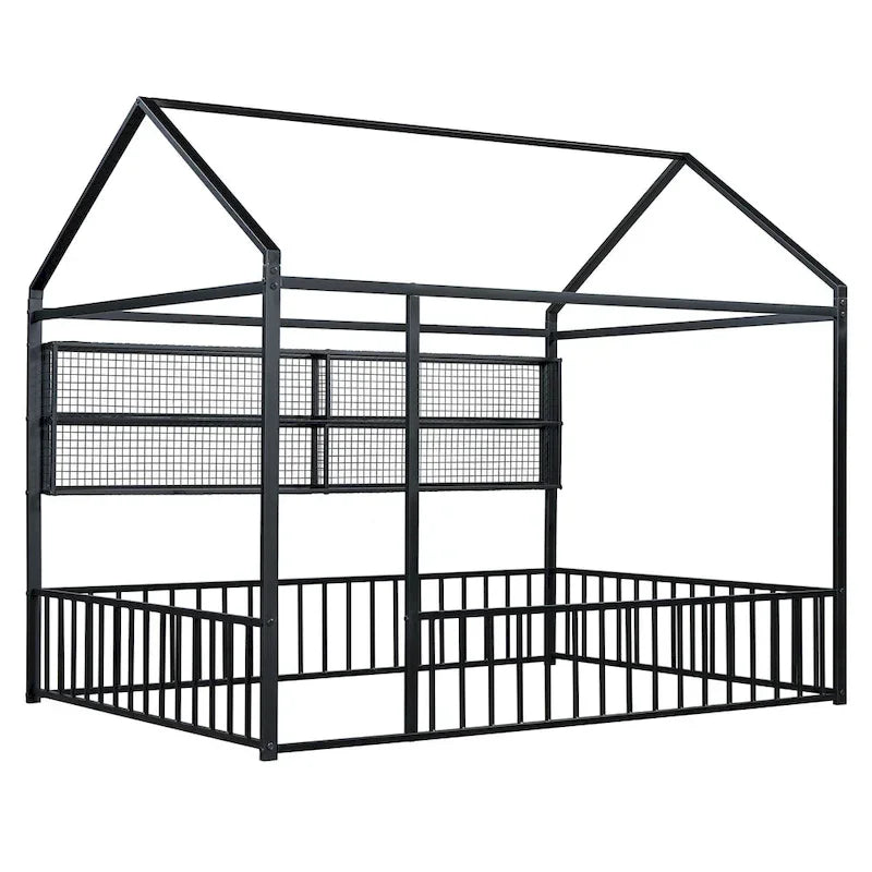 Cama de metal matrimonial tipo casa Cama Montessori de piso con valla