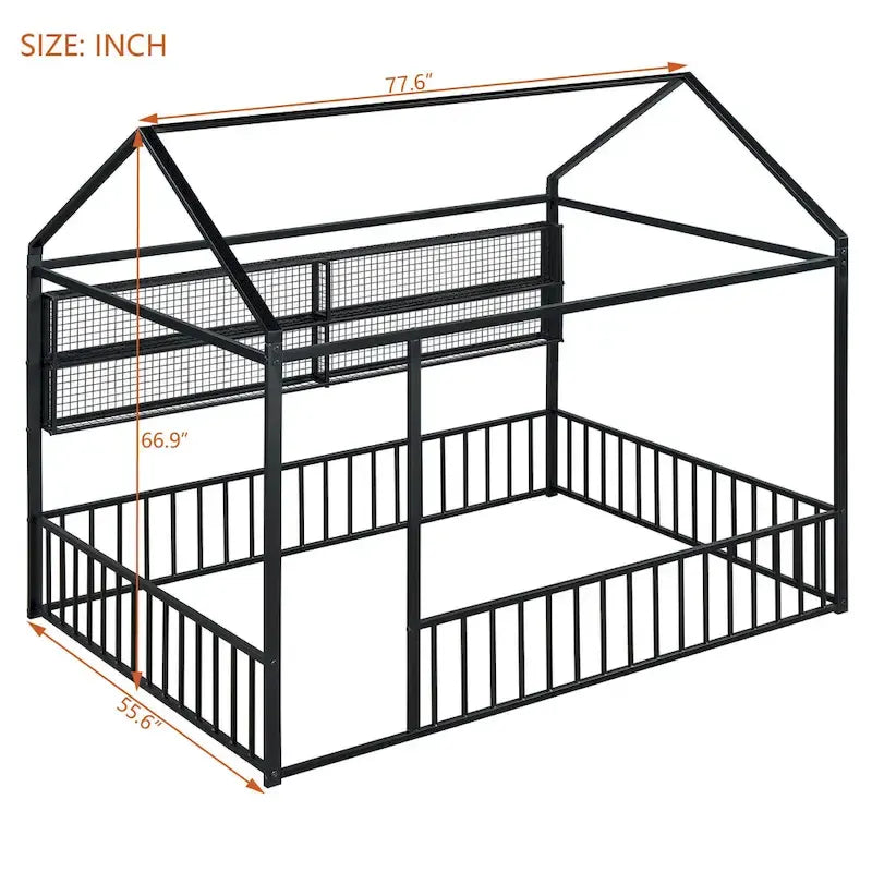 Cama de metal matrimonial tipo casa Cama Montessori de piso con valla