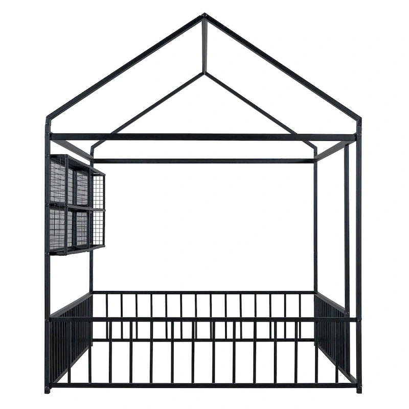 Cama de metal matrimonial tipo casa Cama Montessori de piso con valla