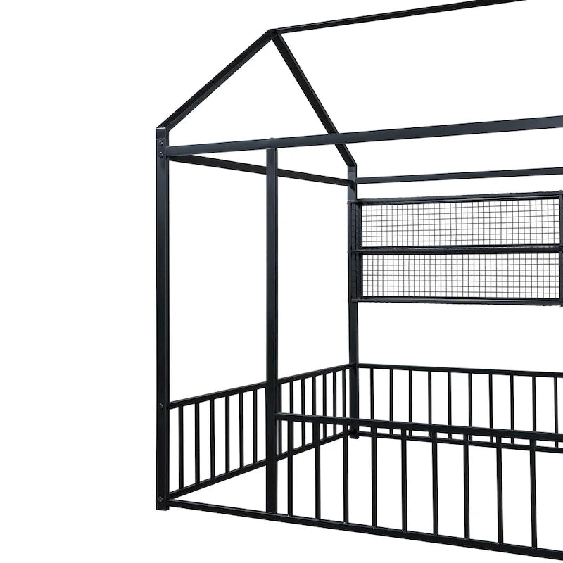 Cama de metal matrimonial tipo casa Cama Montessori de piso con valla