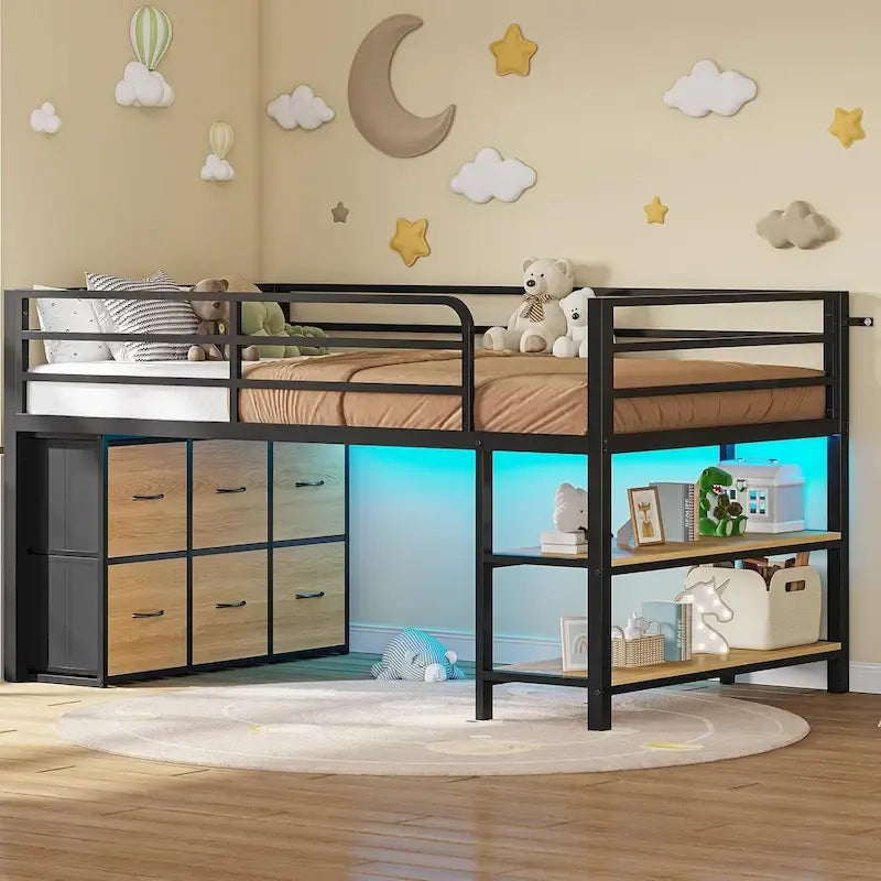 Cama baja tipo loft individual con 6 cajones de almacenamiento de tela y luces LED