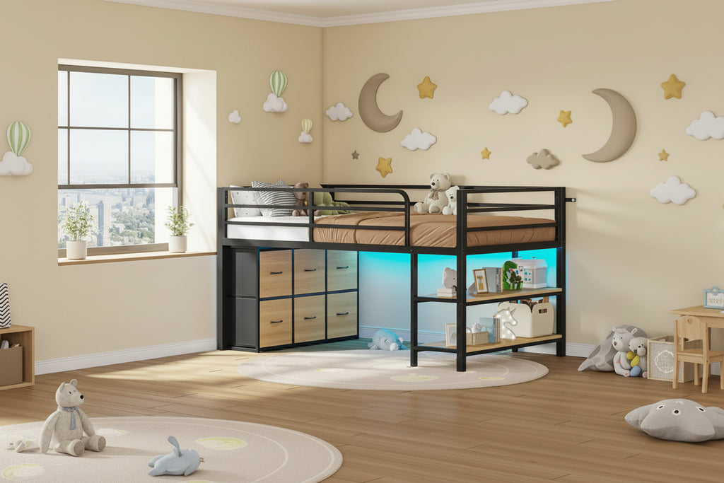 Twin Size Low Loft Bed with 6 Fabric Storage Drawers LED Lights