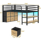 Cama baja tipo loft individual con 6 cajones de almacenamiento de tela y luces LED