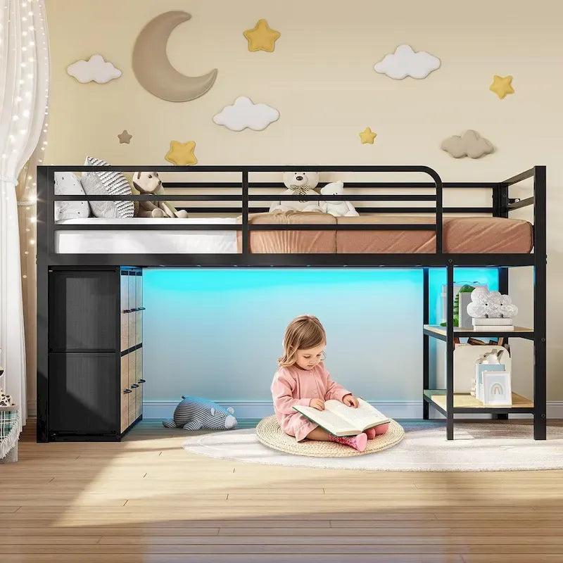Cama baja tipo loft individual con 6 cajones de almacenamiento de tela y luces LED