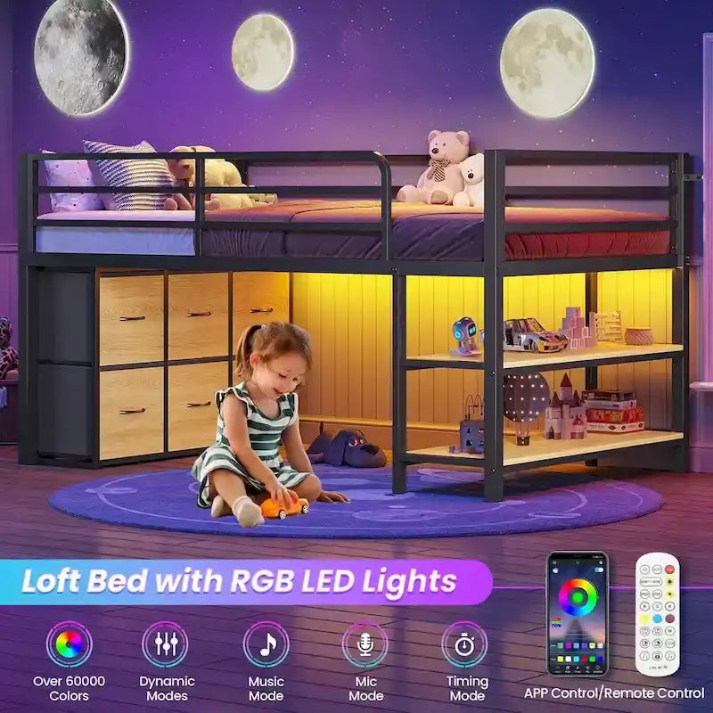 Cama baja tipo loft individual con 6 cajones de almacenamiento de tela y luces LED